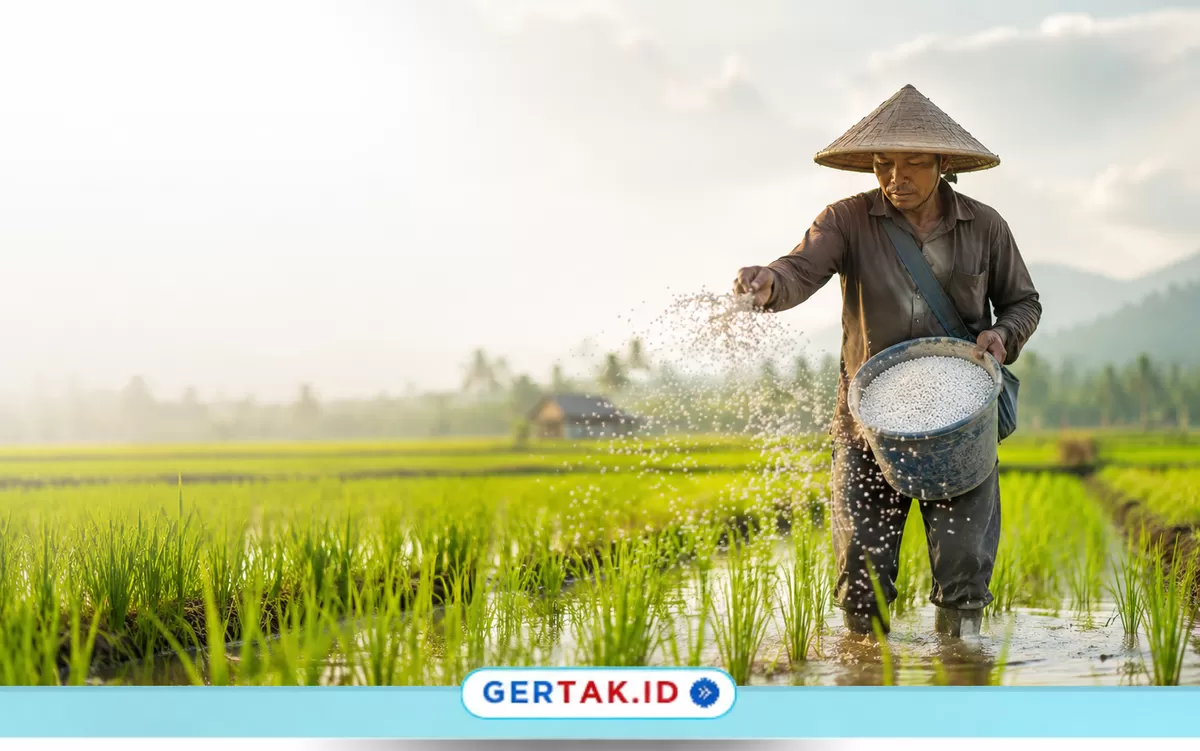 Keterangan : Seorang petani menyebar pupuk di areal persawahan untuk menyuburkan padi./(Gambar ilustrasi AI/Gertak.id)