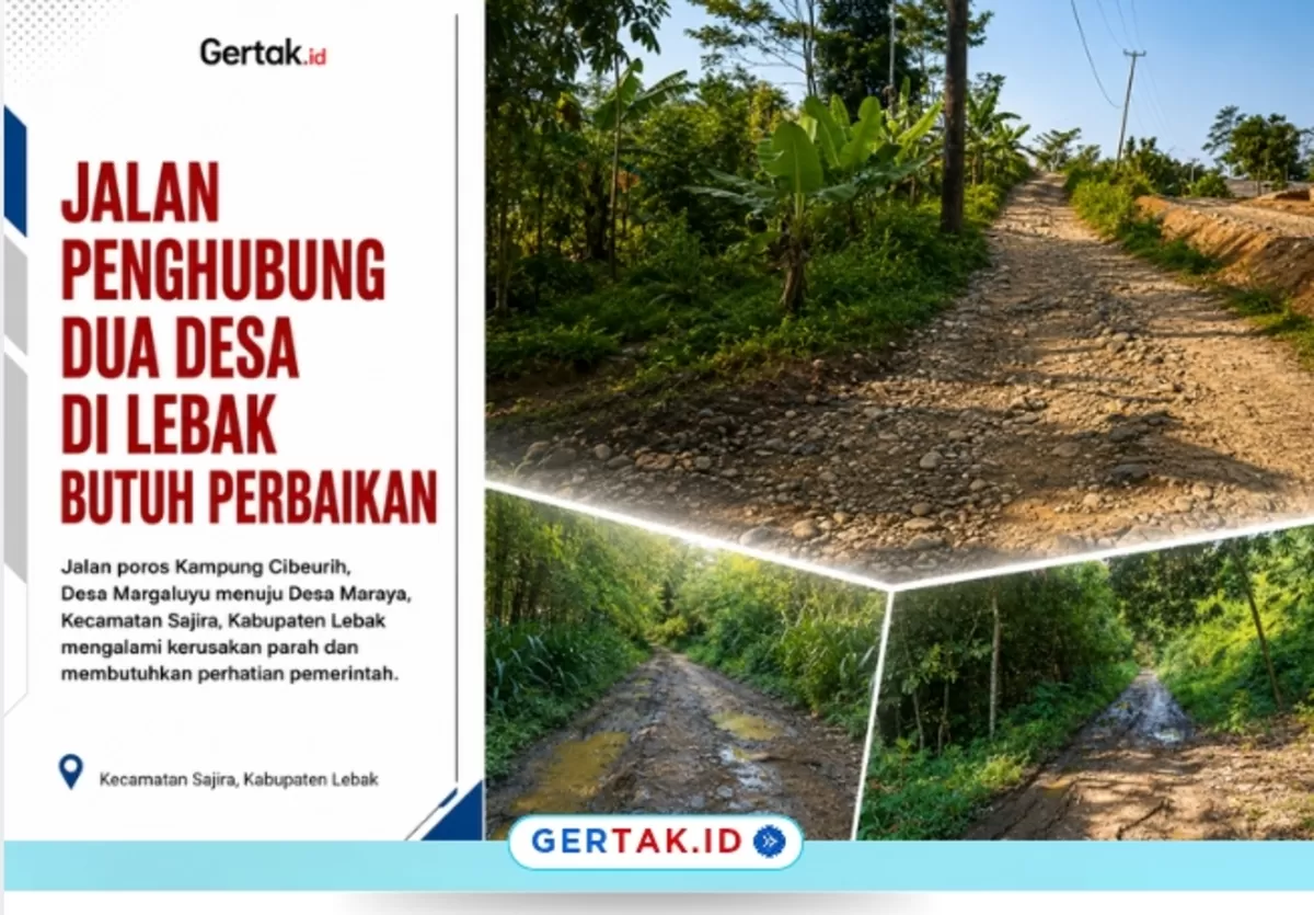 Keterangan Foto : Kondisi Jalan Poros Kp.Cibeurih Desa Margaluyu menuju Desa Maraya, Kecamatan Sajira, Kabupaten Lebak, yang mengalami kerusakan di sejumlah titik./Dok.Gertak.id