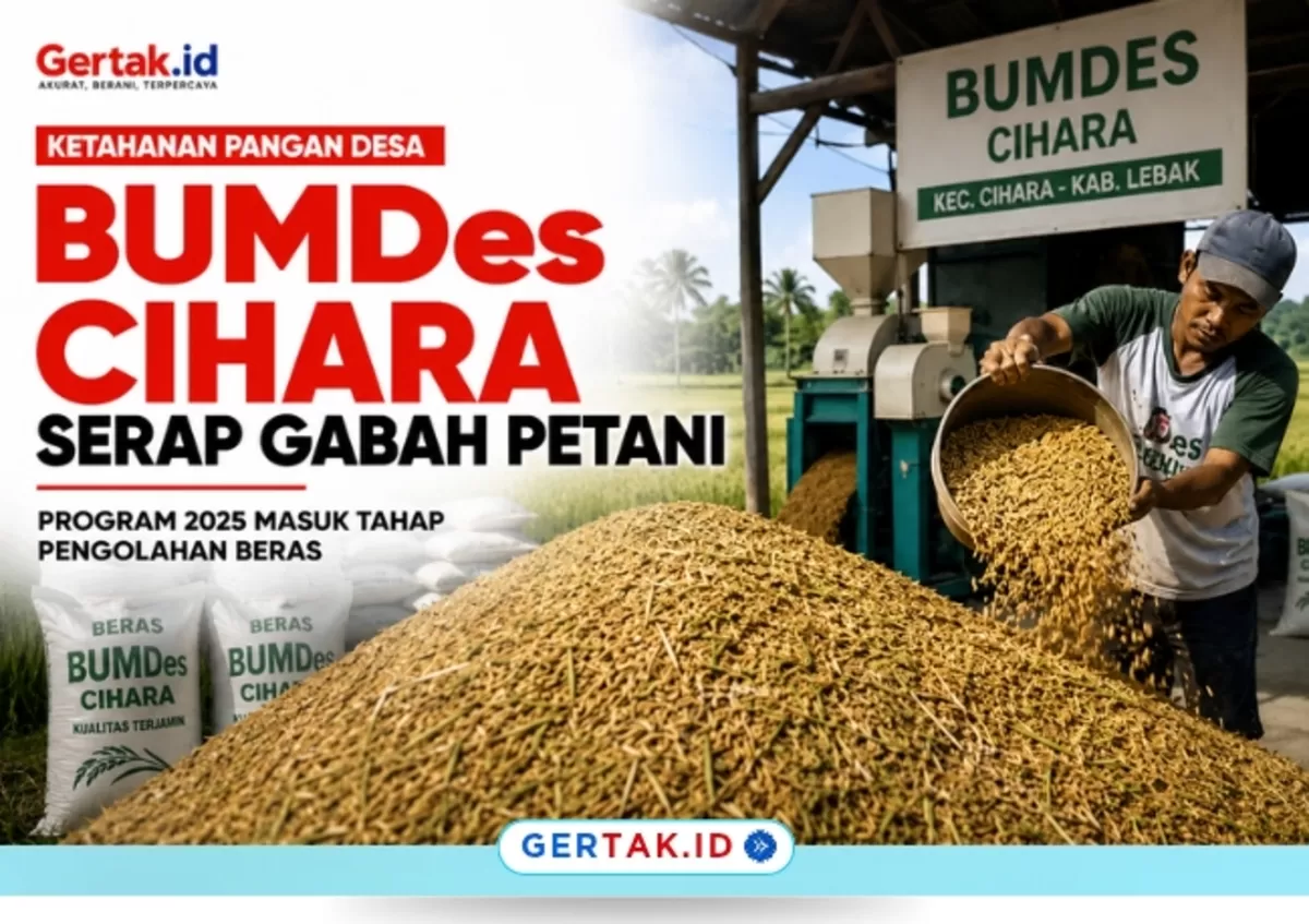 Keterangan foto: Ilustrasi aktivitas BUMDes Cihara dalam penyerapan gabah petani dan pengolahan menjadi beras sebagai bagian dari Program Ketahanan Pangan Tahun 2025. /Ilustrasi AI/Gertak.id