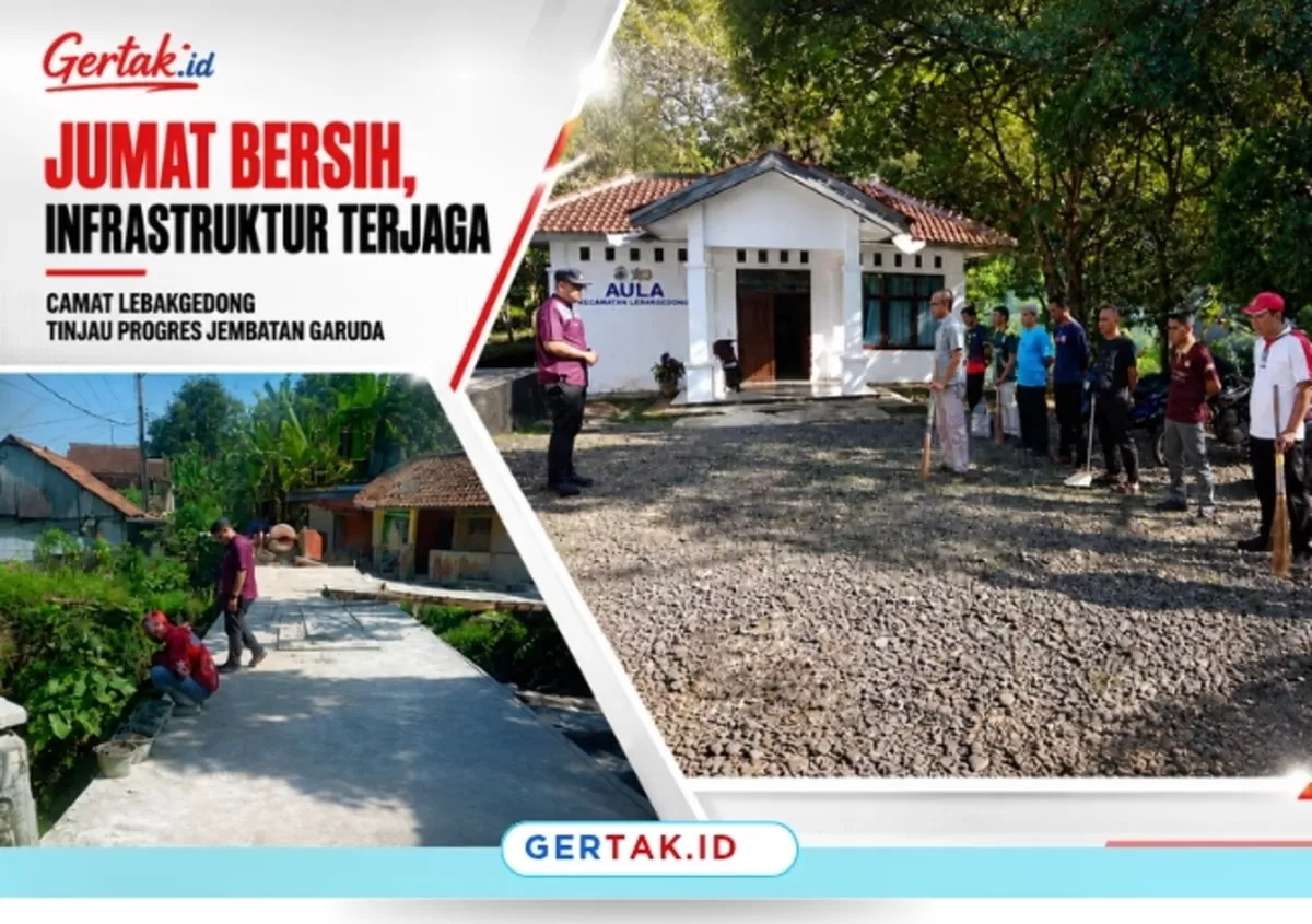 Keterangan foto: Camat Lebakgedong bersama jajaran memimpin Korve Jumat Bersih dan meninjau progres pembangunan Jembatan Garuda di Desa Banjarsari, Jumat (10/7/2026)./Dok.Gertak.id