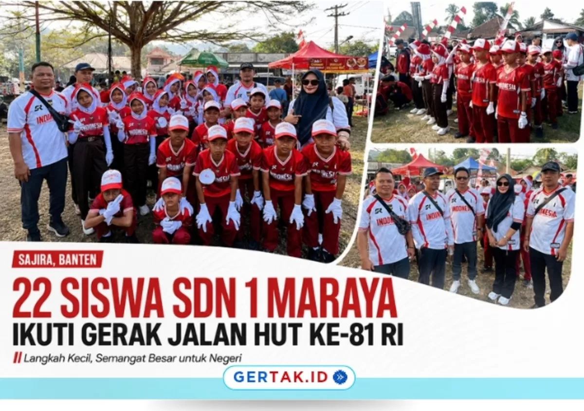 Keterangan foto: Siswa/i SDN 1 Maraya bersama para guru pembimbing saat mengikuti perlombaan gerak jalan dalam rangkaian HUT ke-81 Kemerdekaan RI di Kecamatan Sajira./Dok.Gertak.id