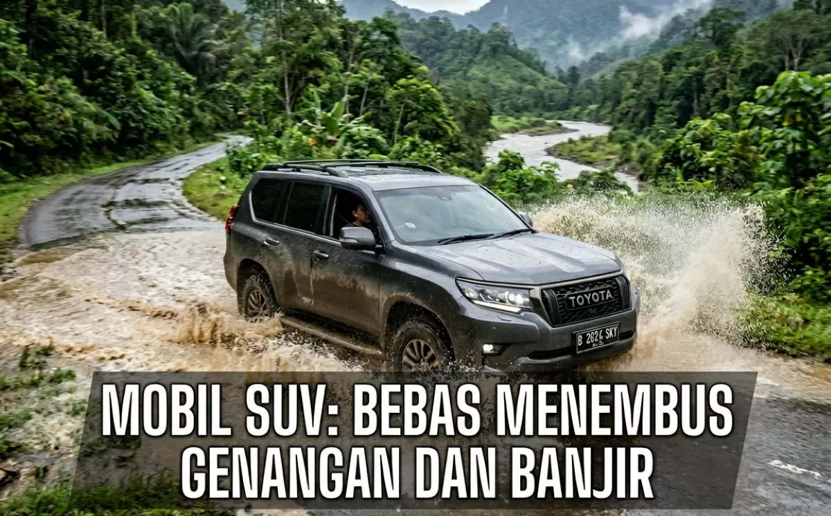 Foto : Mobil SUV saat mengendaraai diatas genangan air (Ilustrasi AI) (Foto : AI/Asep Locus)