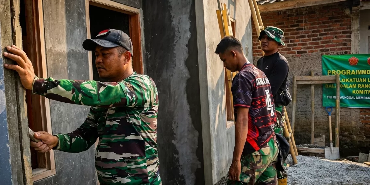 Anggota Koramil 1103/Sucinaraja yang tergabung dalam Satgas TMMD ke-128 Kodim 0611/Garut, yang tampak telaten membangun rumah warga dalam program rehabilitasi Rumah Tidak Layak Huni (Rutilahu) (Dok. Kodim 0611/Garut)