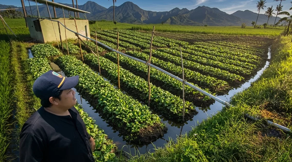 Petugas meninjau sistem pengairan lahan sawah di Desa Wanajaya, Kecamatan Wanaraja, Kabupaten Garut, Jawa Barat. (Foto Istimewa: ANTARA/Feri Purnama)