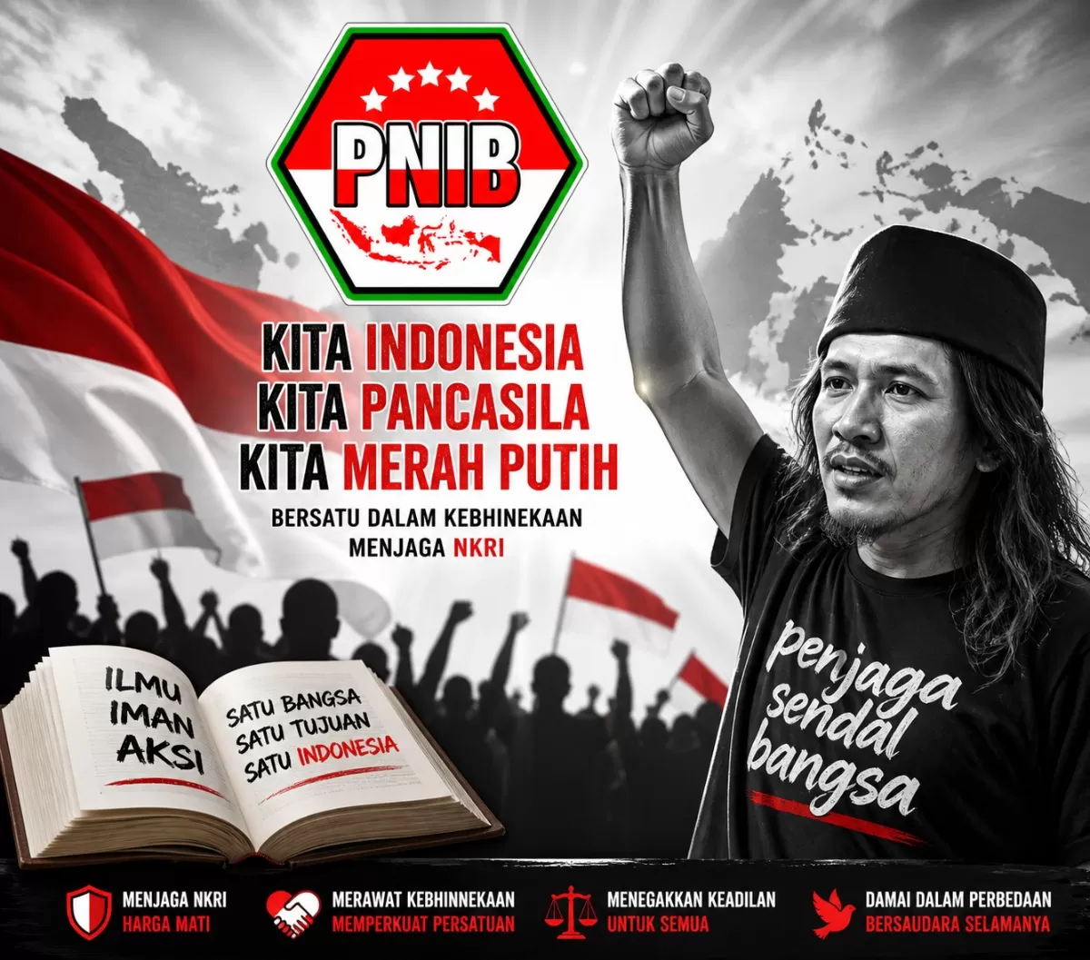 Gus Wal berpose dengan tangan terkepal di depan atribut PNIB, menyampaikan pesan persatuan dan nasionalisme. (Foto: Ilustrasi/AI)