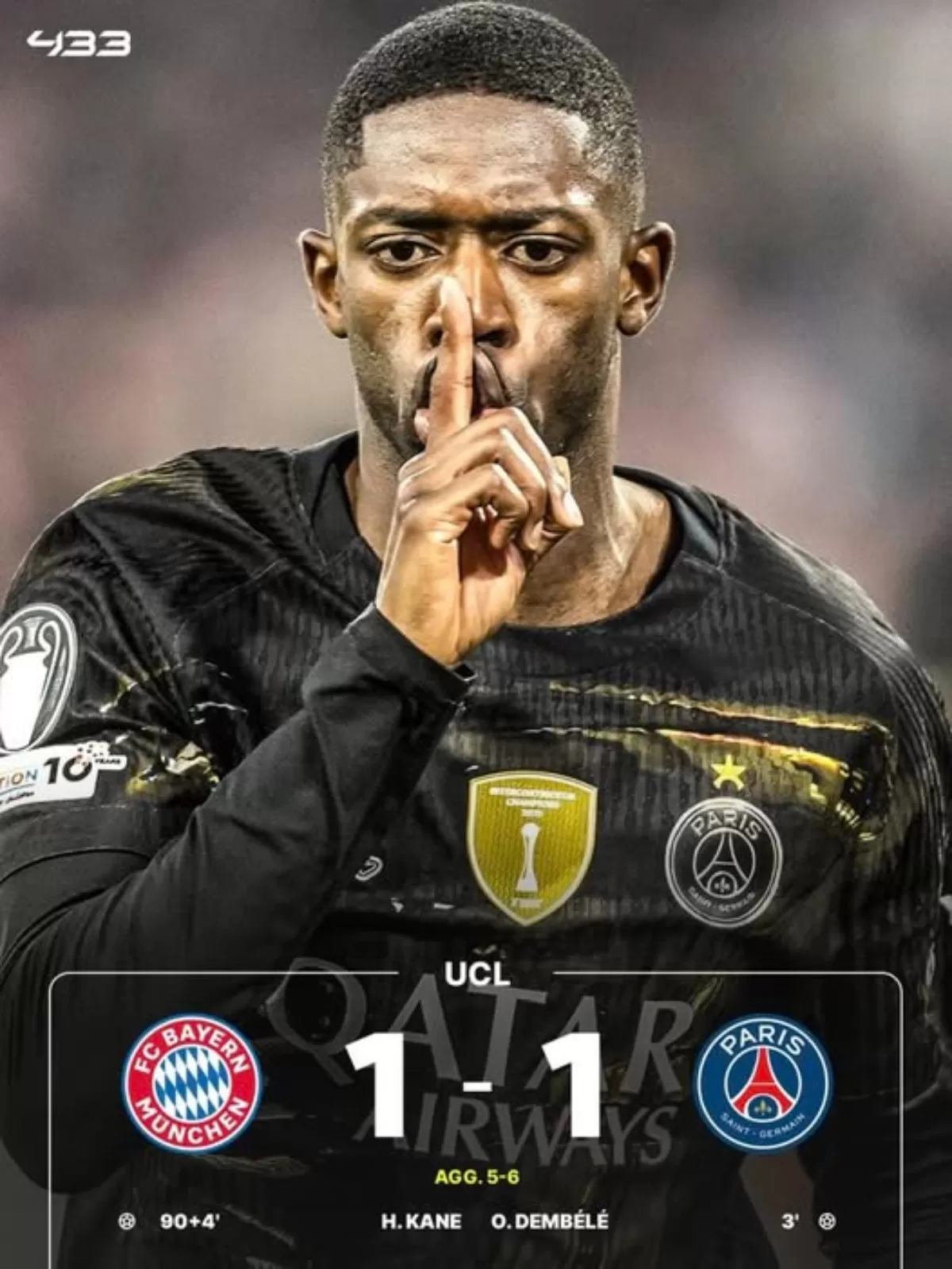 Penyerang PSG, Ousmane Dembele, merayakan gol cepatnya ke gawang Bayern Munich pada menit ketiga laga leg kedua semifinal Liga Champions di Allianz Arena, Kamis (7/5/2026) dini hari. (Foto: dok. UCL)