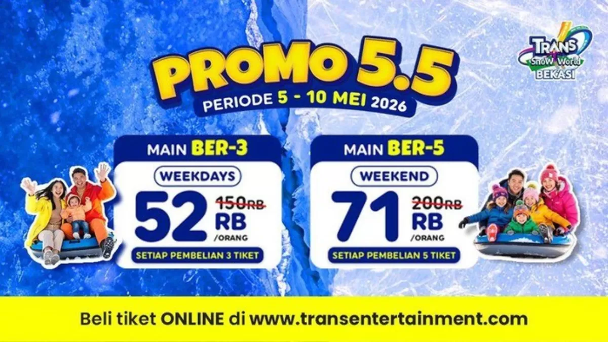 Nikmati promo salju Trans Snow World Bekasi mulai Rp52 ribu hingga 10 Mei 2026, solusi liburan hemat dan seru di tengah kota. (dok. Trans Snow World Bekasi)