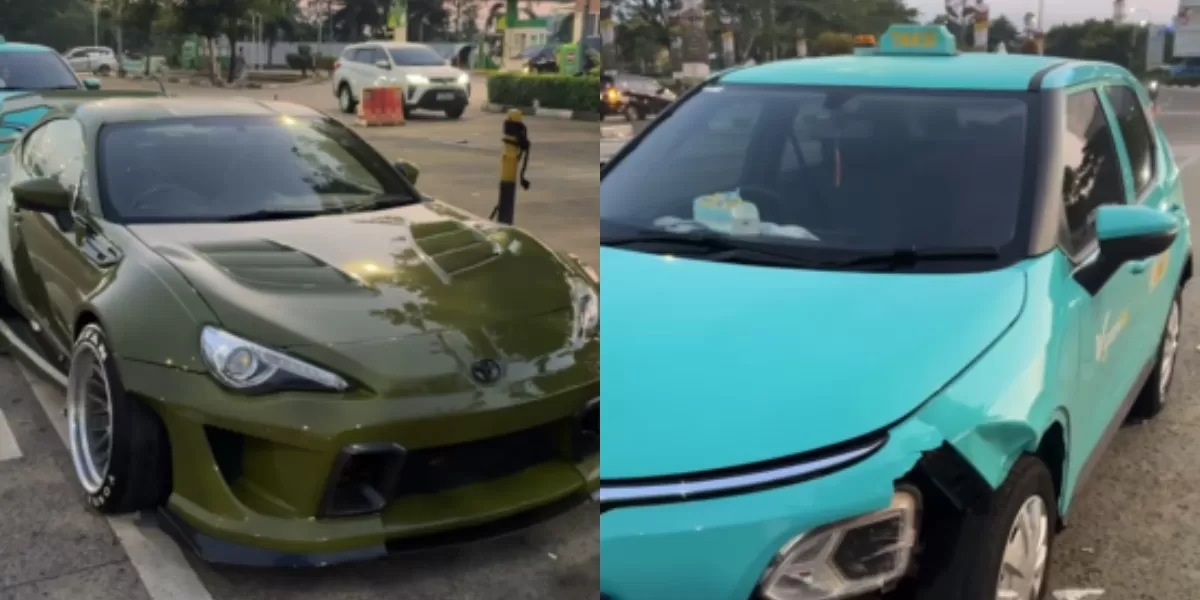 Viral video yang dibagikan pemilik mobil sport usai kendaraannya tertabrak taksi Green, Jumat (29/5/2026)    (Boyke Hutapea)