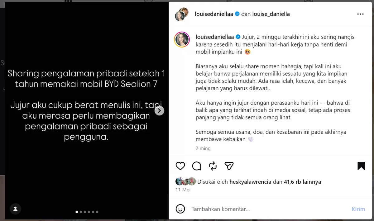Unggahan Louise Daniella di Instagram yang menceritakan pengalaman pribadinya sebagai pengguna BYD Sealion 7. Foto: Instagram/@louisedaniellaa