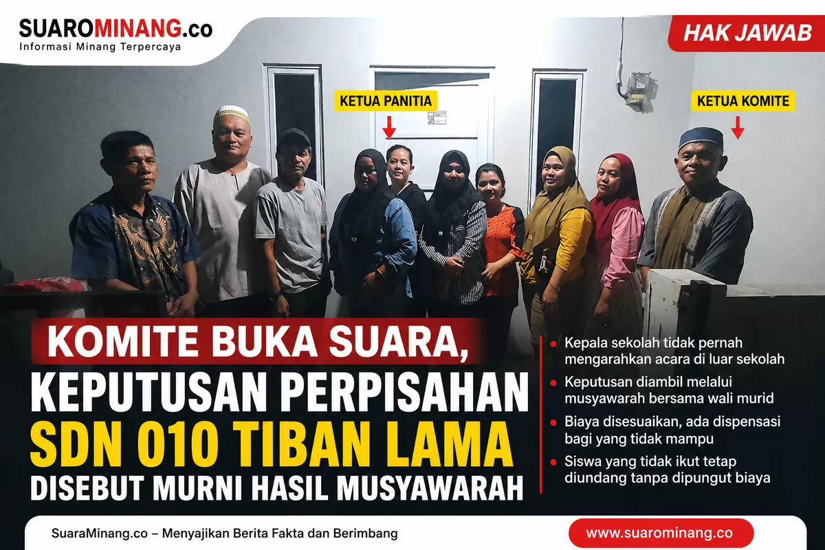 Ketua Panitia Kartini (ke-4 dari kiri) dan Ketua Komite Gafaruddin (paling kanan) memberikan keterangan kepada Suarominang.co terkait klarifikasi pelaksanaan perpisahan SDN 010 Tiban Lama yang diputus