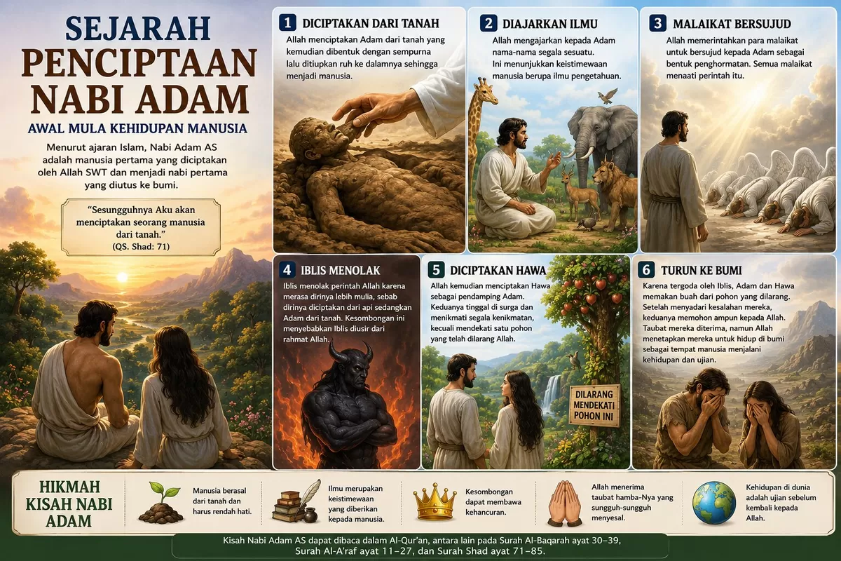 Ilustrasi sejarah penciptaan Nabi Adam AS menurut ajaran Islam. Kisah manusia pertama yang diciptakan Allah SWT dari tanah, menjadi awal perjalanan umat manusia di bumi serta mengandung pelajaran tent