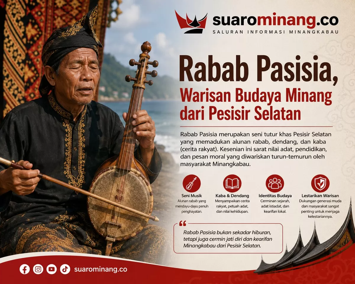 Seorang seniman Rabab Pasisia membawakan dendang dan kaba, melestarikan warisan budaya Minangkabau yang telah hidup turun-temurun di Pesisir Selatan, Sumatera Barat. (Foto: Ilustrasi/Suarominang.co)