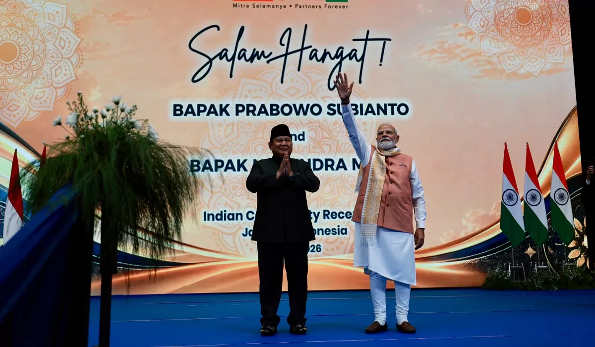 Prabowo saat menghadiri jamuan bersama komunitas India di Indonesia yang turut dihadiri Perdana Menteri India Narendra Modi di Jakarta, Senin (7/7).