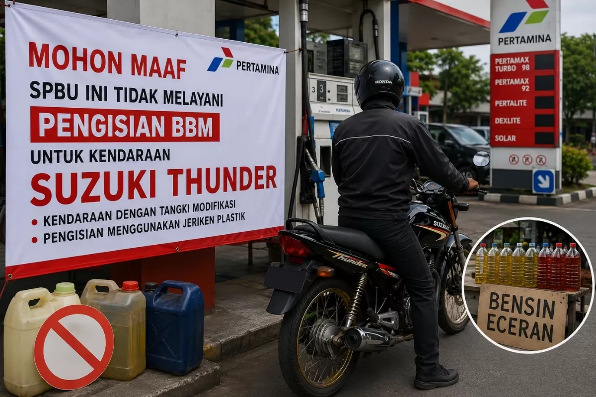 Ilustrasi Larangan motor Suzuki Thunder isi BBM di SPBU. (Dok/Urgenz.id)