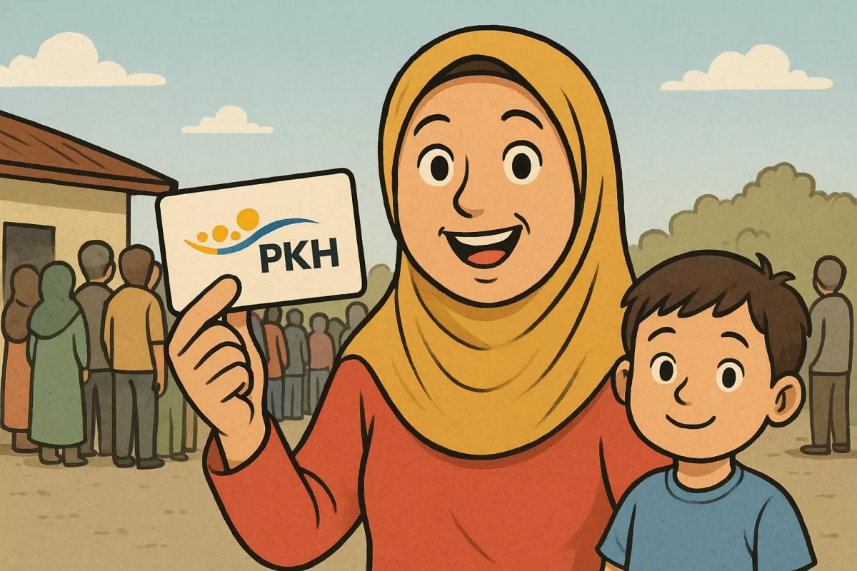 Ilustrasi gambar karikatur seorang ibu membawa kartu PKH bersama seorang anak untuk mengambil bansos. (Dok. AI)
