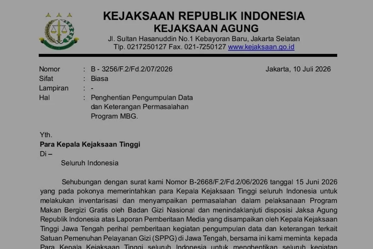 Surat Kejagung RI kepada Kejati se-Indonesia terkait Penghentian Pengumpulan Data dan Keterangan Permasalahan MBG (Dok. Korankita.com, Promedia)