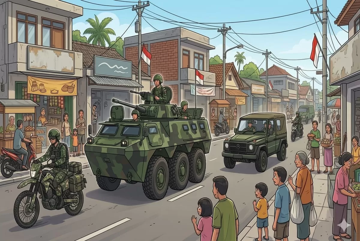 Ilustrasi rombongan tentara sedang berpatroli. 