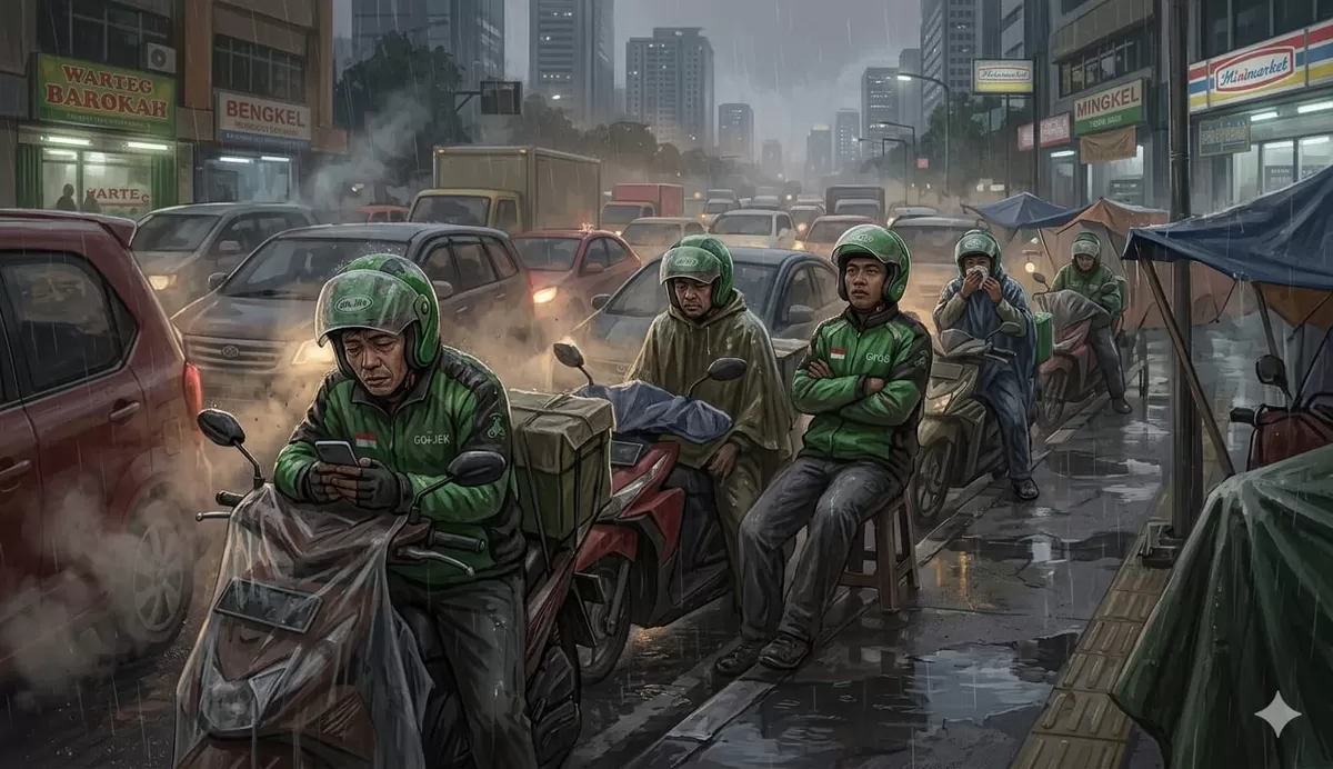 Ilustrasi ojol sedang menunggu order. 