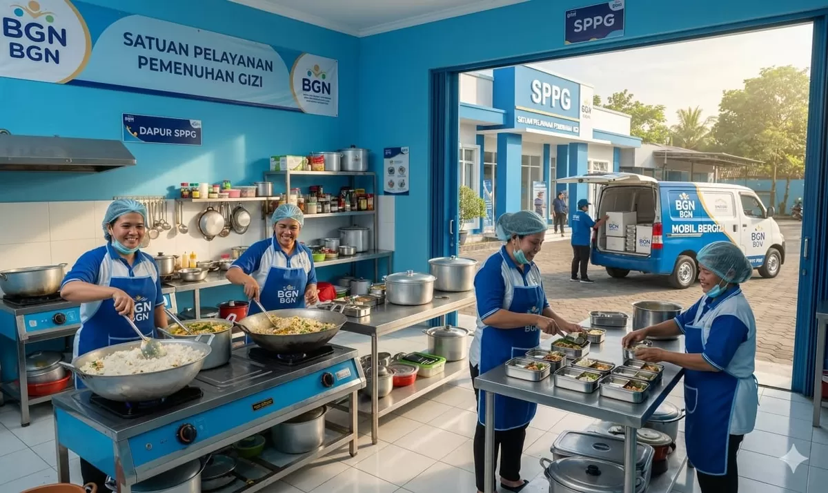 Ilustrasi aktivitas memasak di dapur SPPG. 