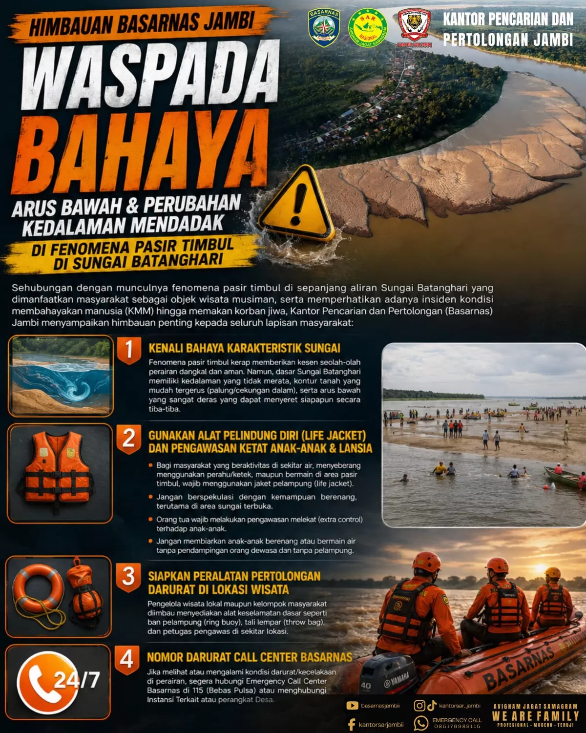 Basarnas Jambi Ingatkan Bahaya Pasir Timbul Batanghari. (Doc. Basarnas Jambi)