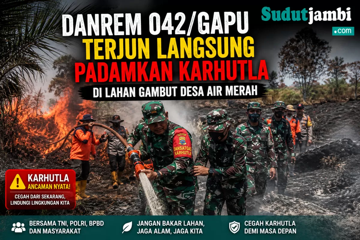 Danrem 042/Gapu Terjun Langsung Padamkan Karhutla di Lahan Gambut Desa Air Merah. (Doc. Penrem 042/Gapu)