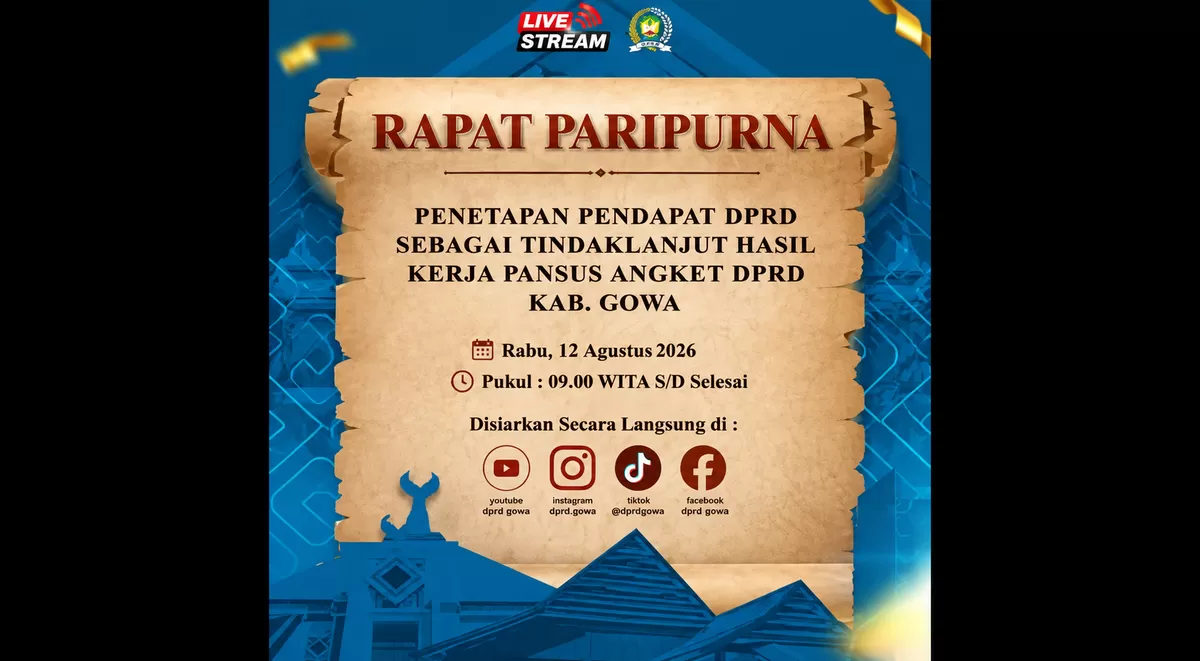 Live streaming Rapat Paripurna DPRD Gowa terkait penetapan pendapat DPRD sebagai tindak lanjut hasil kerja Pansus Hak Angket.  (Facebook/Dprd Gowa)