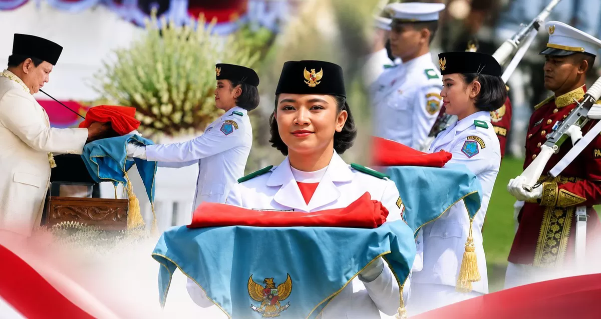 Celina Olivia Apriani Theo membawa baki bendera Merah Putih dalam upacara HUT ke-81 RI di Istana Merdeka (Kolase foto)