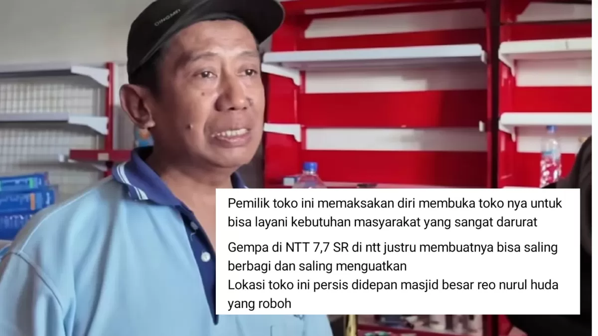 Nurdin, pemilik toko di Reo, Manggarai, NTT yang tetap buka dan gratiskan keperluan bayi untuk bantu warga terdampak gempa.  ((Threads/kang_iman))