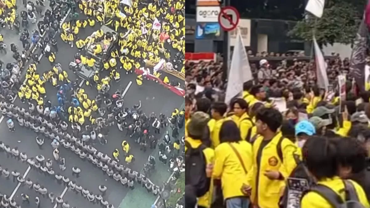 Situasi demo BEM UI pada 18 Agustus 2026 saat masih tertahan di UOB.  ((Threads/nurulfachiindri - egiiy))
