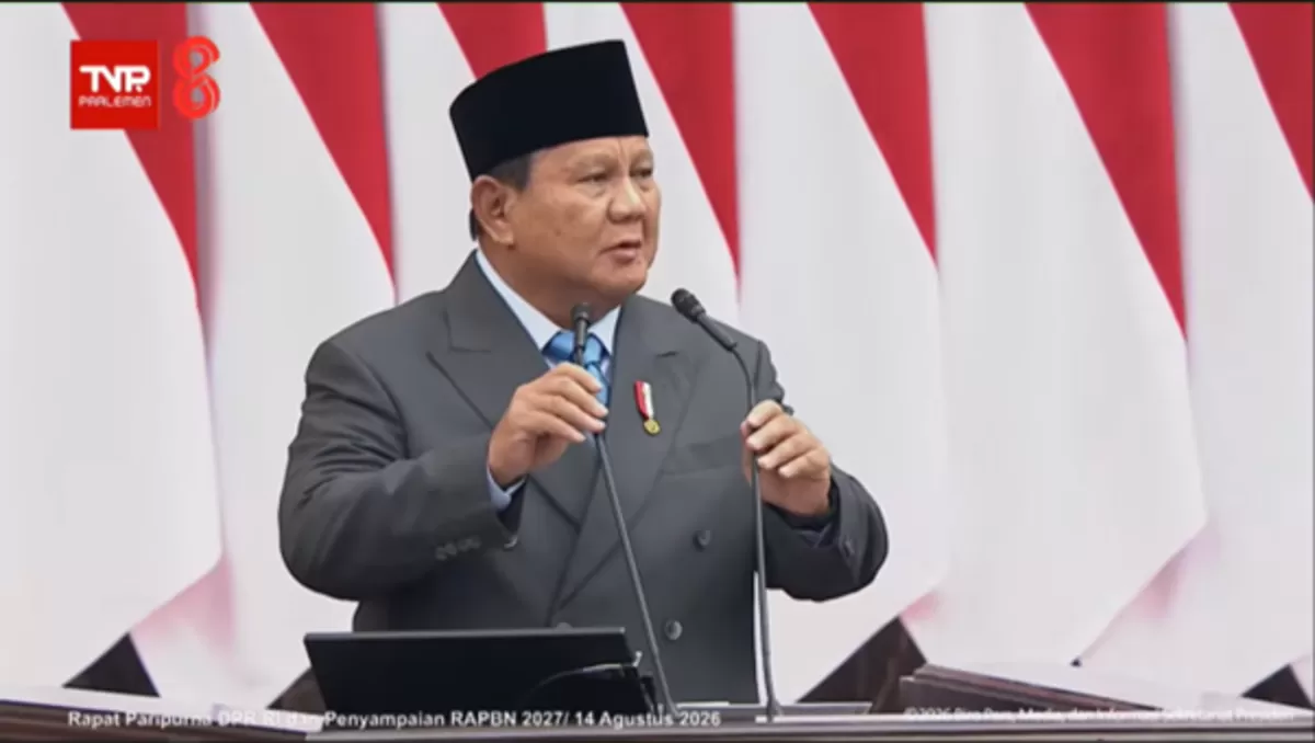 Presiden Prabowo Subianto menyampaikan Pidato Nota Keuangan dan Rancangan APBN 2027 dalam Rapat Paripurna DPR RI di Kompleks Parlemen, Jakarta, Jumat (14/8/2026). (YouTube Prabowo Subianto / Sekretariat Presiden)