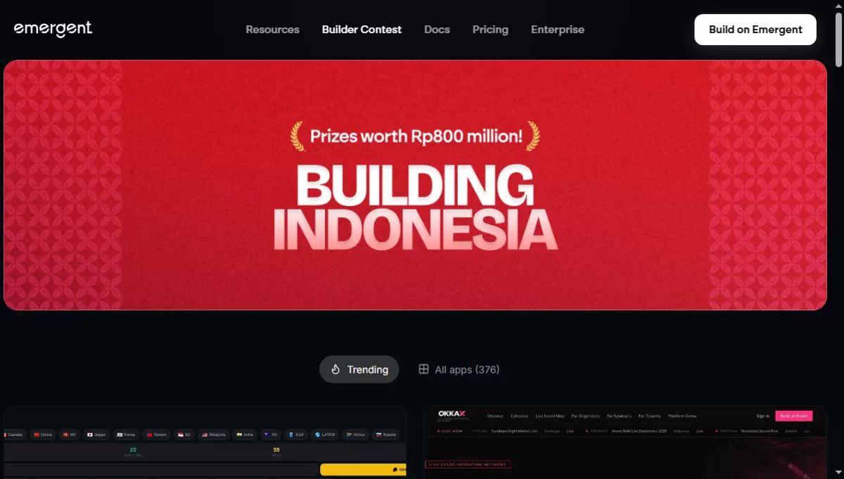 Banner resmi kompetisi Building Indonesia di website Emergent. Hadiah Rp800 juta, periode 10&ndash;25 Agustus 2026. (Foto: Emergent.sh/DS)