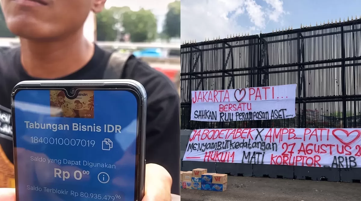 Supriyono alias Botok, Koordinator Aliansi Masyarakat Pati Bersatu (AMPB), memperlihatkan layar aplikasi mobile banking Bank Mandiri yang menampilkan saldo yang dapat digunakan Rp0,00 dan terblokir. (Foto: Istimewa/DS)