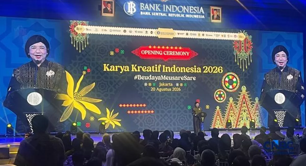 Pjs. Gubernur Bank Indonesia, Destry Damayanti, saat memberi sambutan pada pembukaan KKI 2026 di Jakarta Convention Center (JCC), Senayan, Jakarta, Kamis (20/8/2026). Foto: CNBC INDONESIA