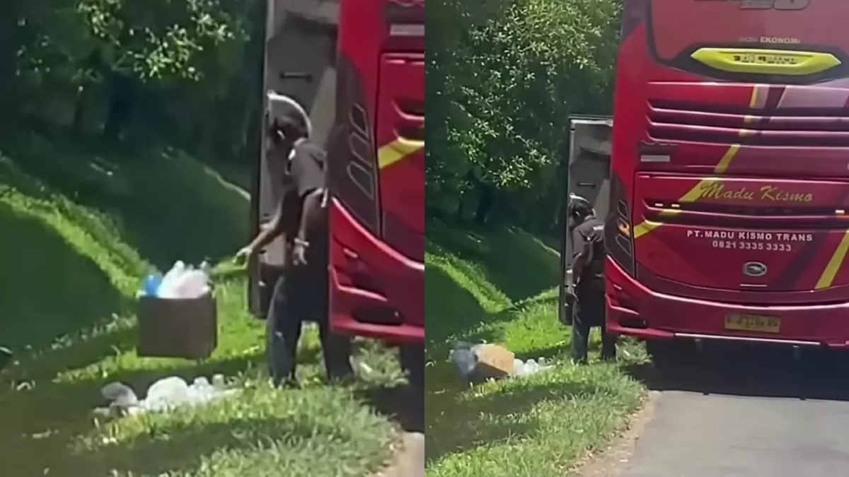 Viral bus Madu Kismo meninggalkan sampahnya di pinggir jalan tol. (TikTok/sandiadista0)