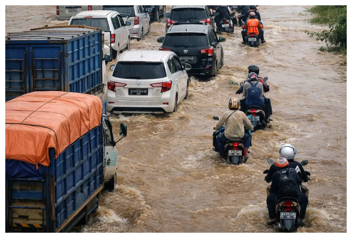 Sejumlah kendaraan nekad menerobos banjir (Agus R)