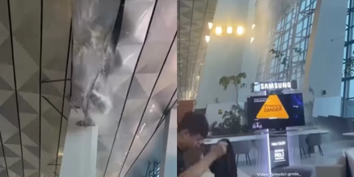 Menyoroti insiden atap bandara Soekarno-Hatta di Kota Tangerang yang jebol imbas hujan deras, pada Senin, 6 April 2026. (Instagram.com/@jakarta.terkini)