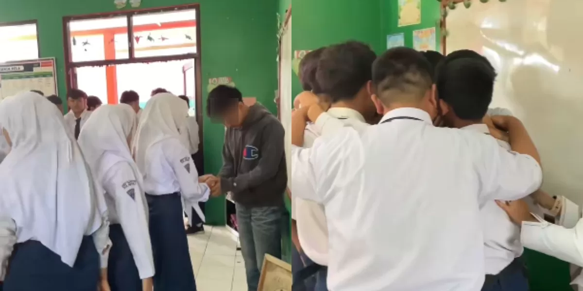 Mengintip momen haru siswa SMP Tanjungsari, Sumedang yang melakukan perpisahan dengan teman-temannya usai diduga pilih berhenti sekolah. (TikTok.com/@8imazing)