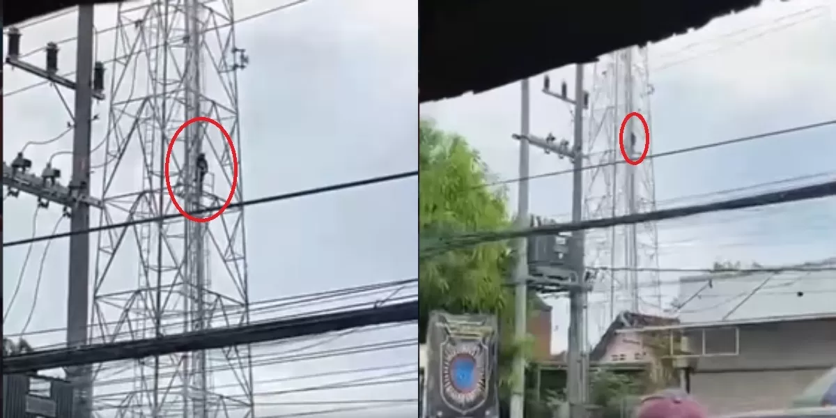 Menyoroti insiden viral terkait aksi nekat pemuda di Sidoarjo, Jawa Timur yang diduga panjat tower seluler akibat frustasi hubungan asmaranya kandas. (Instagram.com/@ini_surabaya)