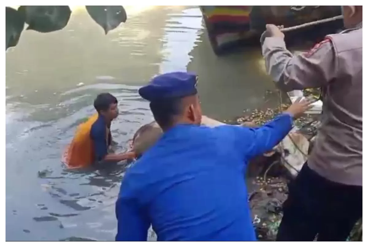 Suasana Penyelamatan Sapi Kurban yang Terjebur ke SUngai oleh Aparat Polres Pemalang dan Warga (AGUS R)