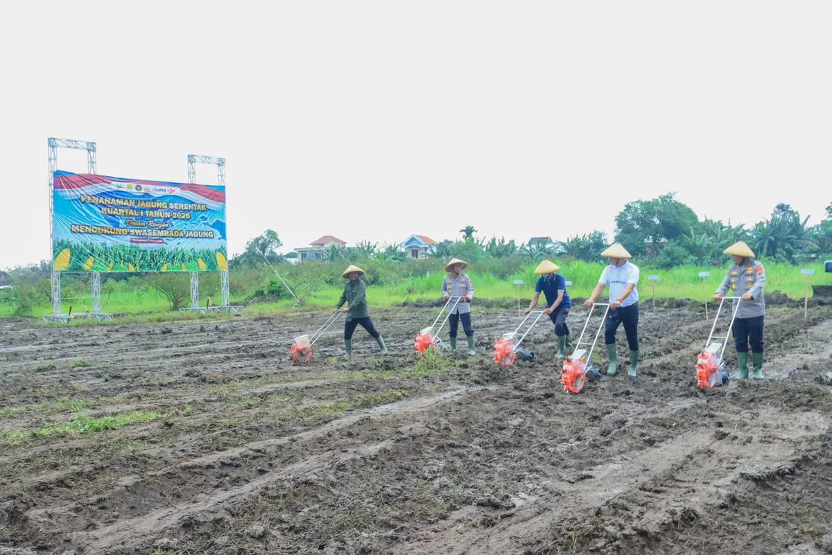 Kapolda Jateng Irjen Pol Ribut Hari Wibowo bersama Forkopimda dan petani melakukan tanam raya jagung di Desa Kemiri, Kebakkramat, Karanganyar, Sabtu (7/3/2026). Program ini mendukung ketahanan pangan 