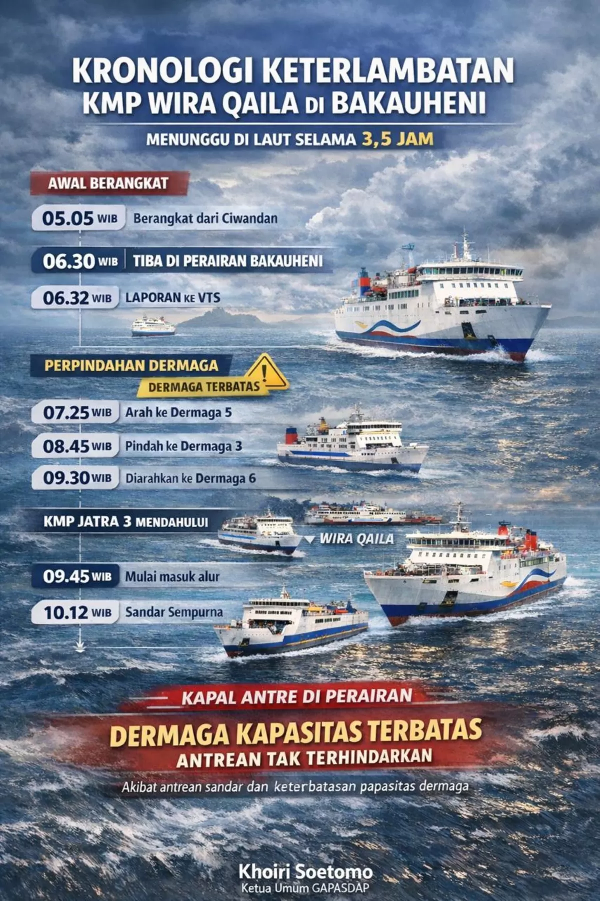 Antrean kapal di perairan Bakauheni akibat keterbatasan dermaga, KMP Wira Qaila tertahan hingga 3,5 jam.