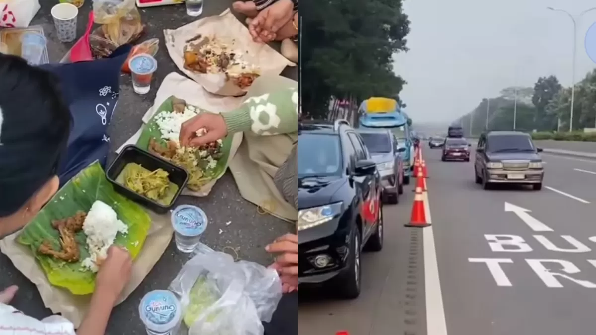 Momen pemudik makan bareng di bahu jalan tol. (Instagram/subangkota.id)