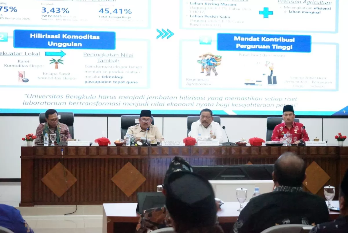 Menteri PPN/Kepala Bappenas, Rachmat Pambudi (paling kiri) bersama Rektor UIN FAS  Bengkulu, Wagub Mian dan Sekda Bengkulu, Herwan Antoni mengikuti Rakor di Kantor Gubernur Bengkulu.(Foto/Ist)