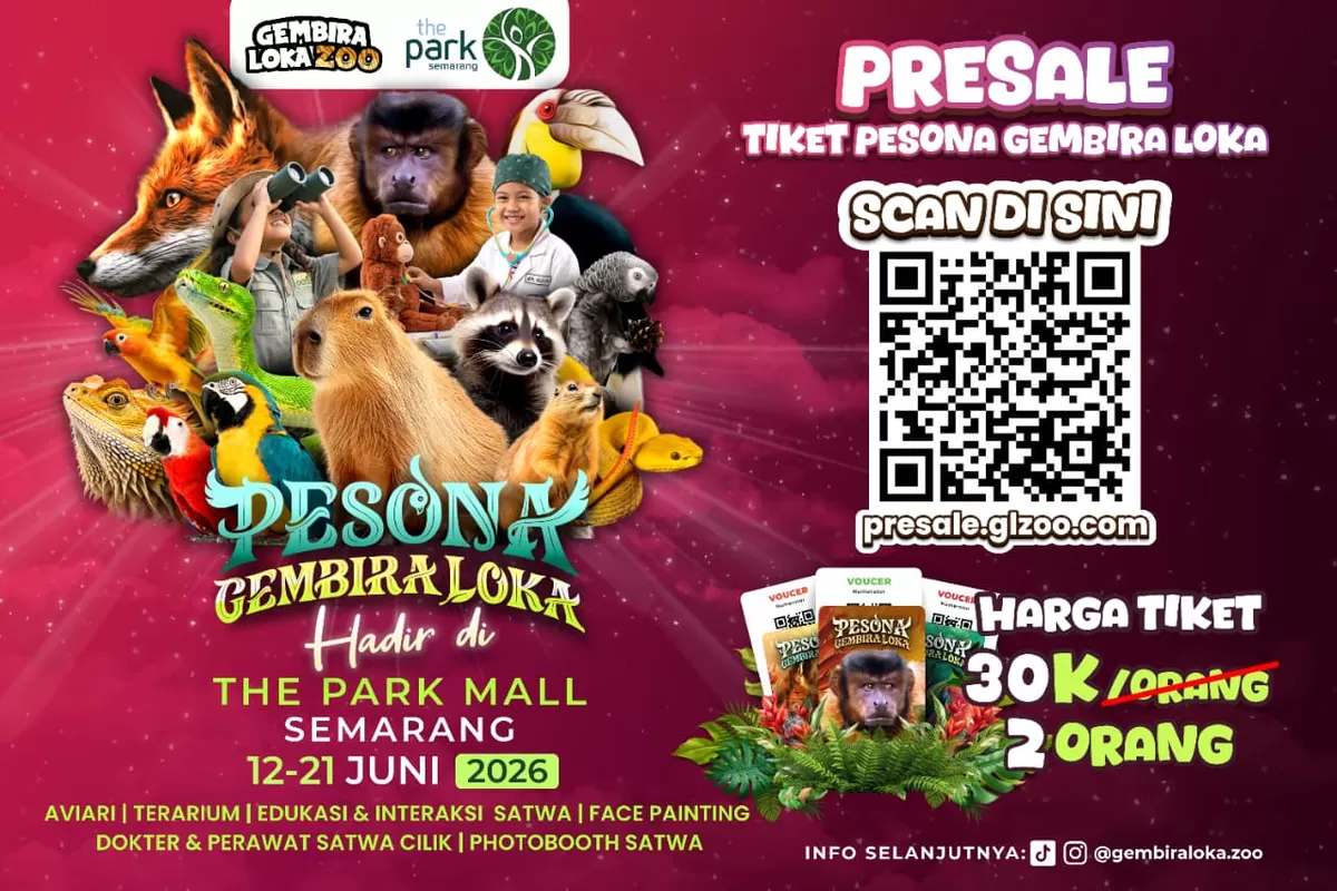 Gembira Loka Zoo hadir di The Park Mall Semarang lewat pameran satwa interaktif, edukatif, dan ramah keluarga selama 10 hari.