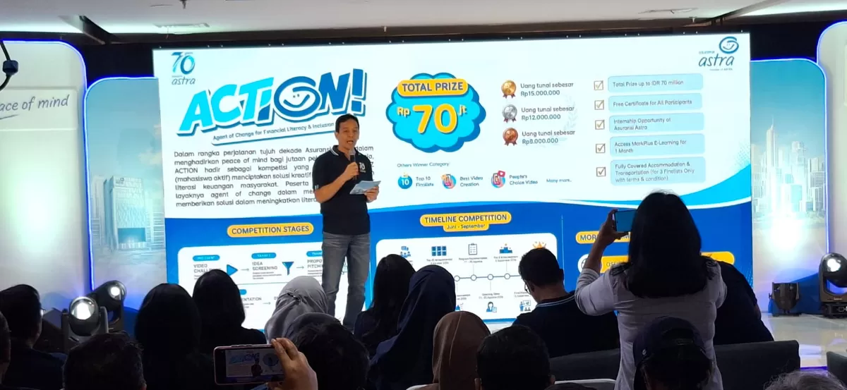 Sambut usia ke-70 tahun, Asuransi Astra meluncurkan program ACTION untuk mendorong mahasiswa meningkatkan literasi keuangan masyarakat.