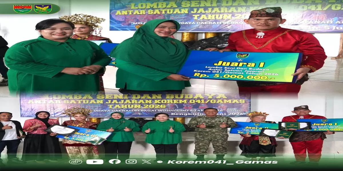 Kodim 0408 Bengkulu Selatan (BS) keluar sebagai juara pertama lomba seni budaya yang dilaksanakan Korem 041 Gamas Bengkulu dalam rangka melestarikan seni budaya bangsa.(Foto/Ist)  
