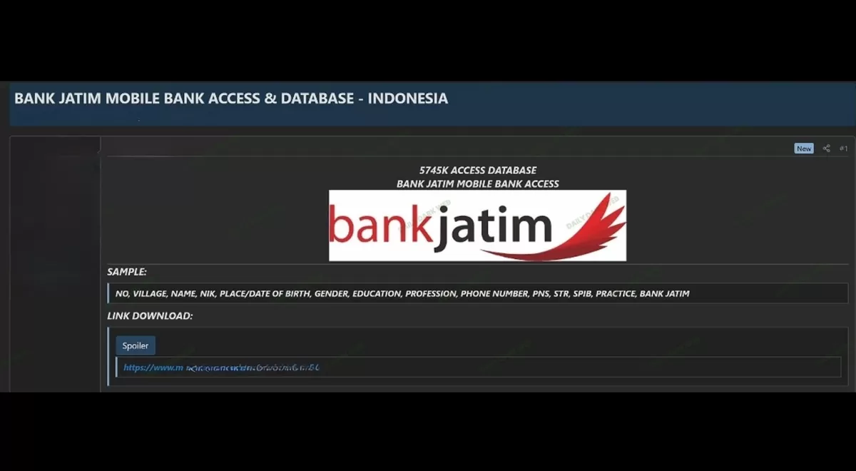 Isu dugaan kebocoran data 5,7 juta nasabah Bank Jatim yang disebut beredar di situs gelap. (X/DarilyDarkWeb)