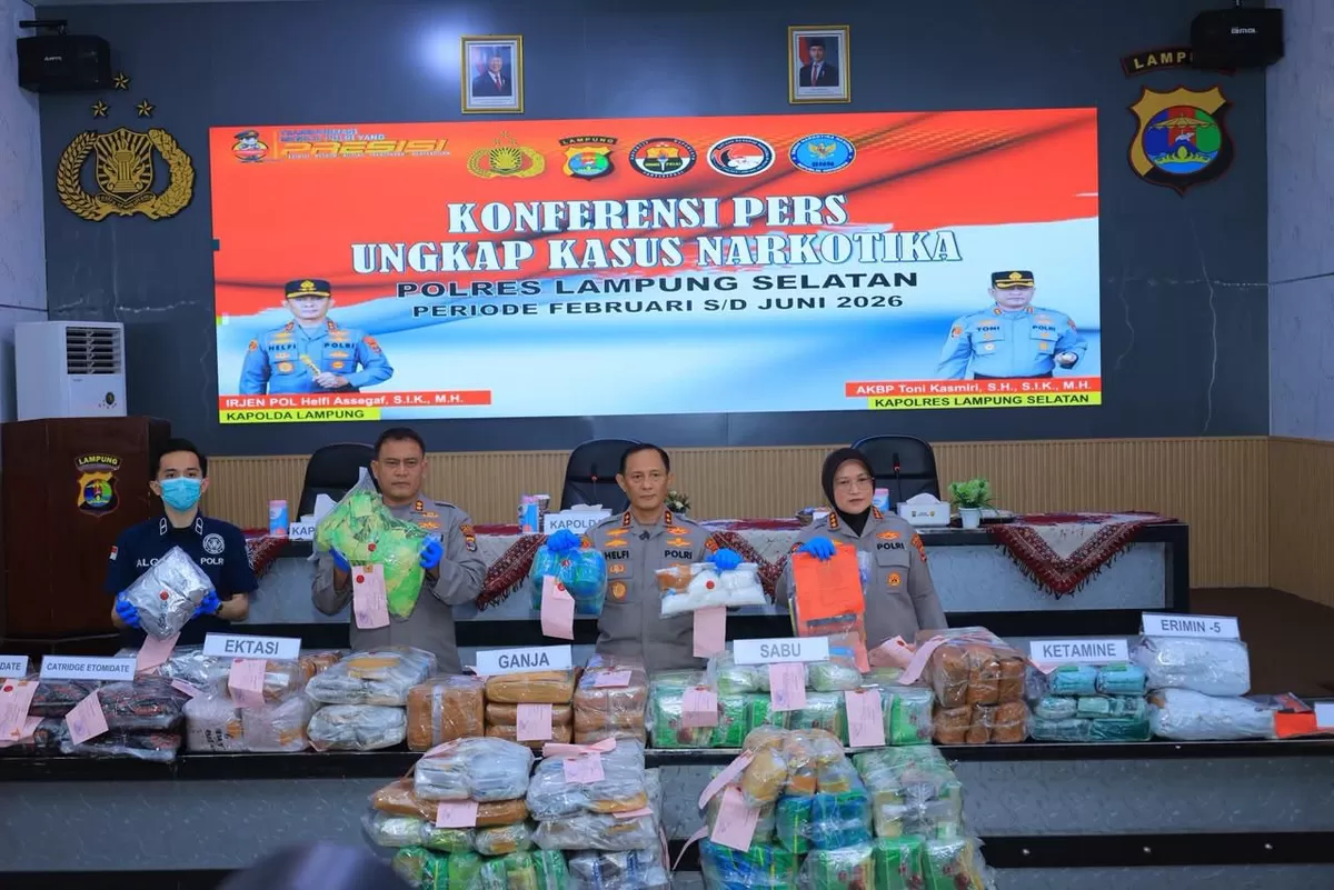 Polda lampung berhasil mengamankan narkoba  senilai Rp 235 miliar degan 24 orang tersangka.(Foto/Ist)