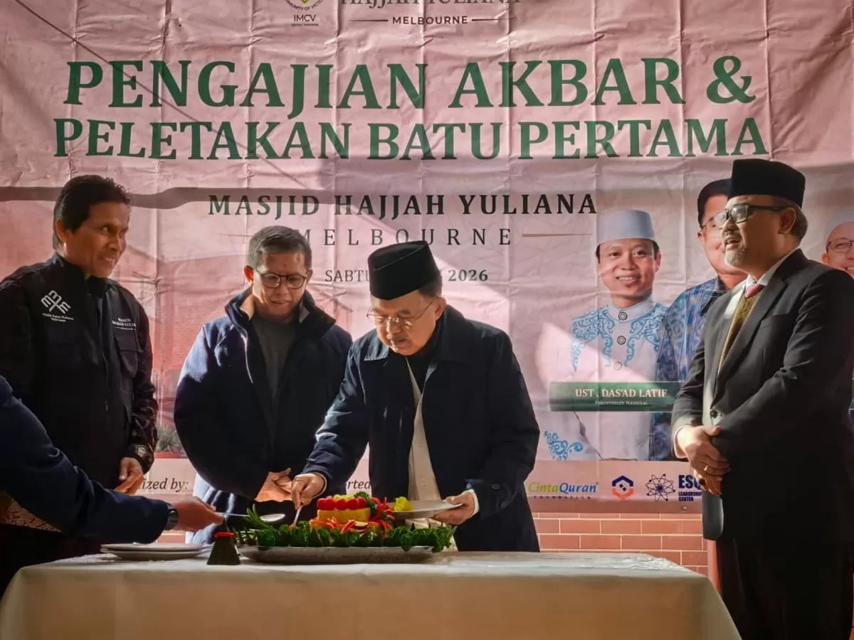 Jusuf Kalla, menghadiri penandatanganan dan peletakan batu pertama pembangunan Masjid Hajjah Yuliana di kawasan Laverton, Melbourne, Australia, Sabtu (27/6/2026). (Ist)