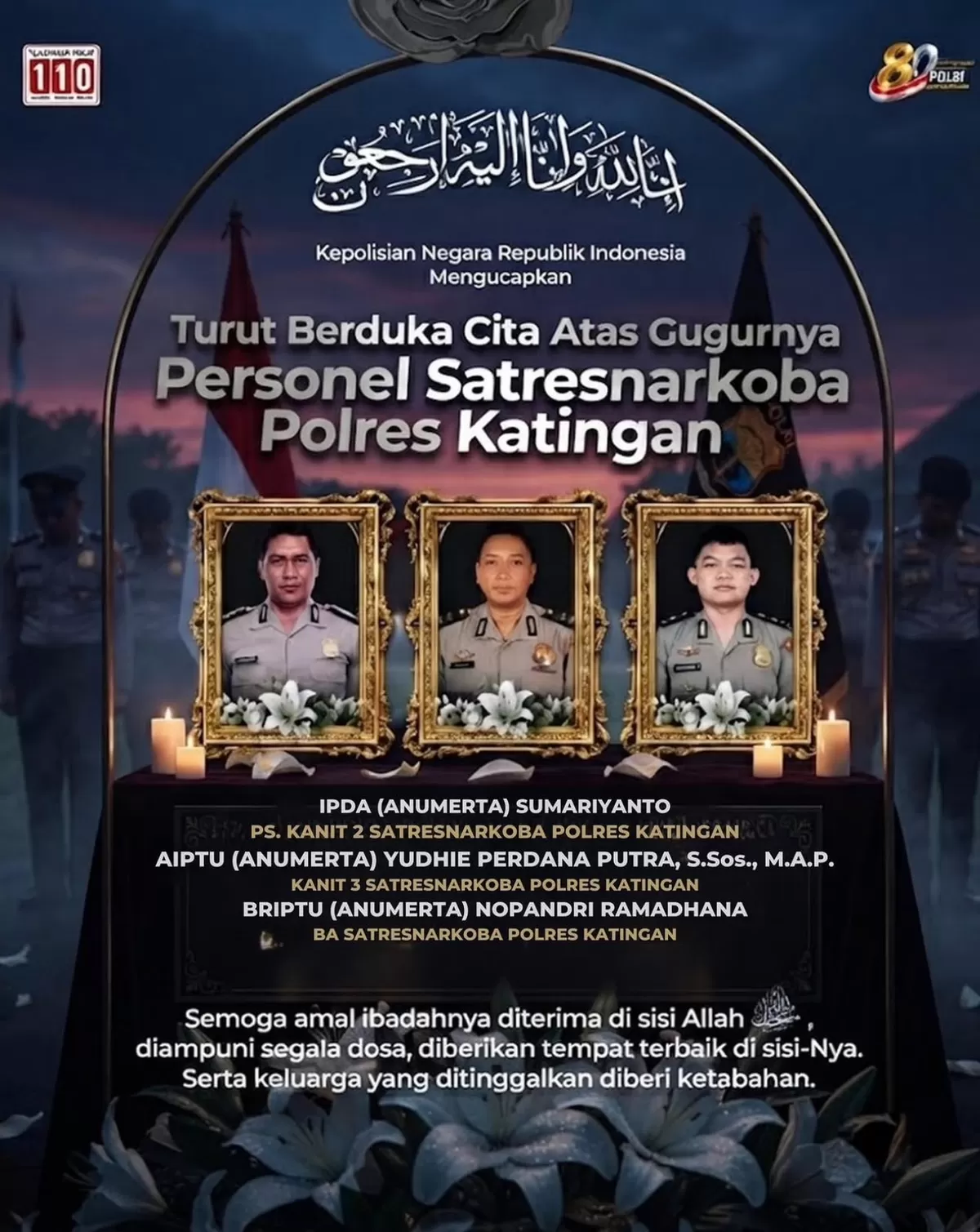 Tiga anggota Polri gugur saat mengubgkap kasus narkoba  dinaikan pangkstvsetingkat anumurta.*Foto/Ist) 